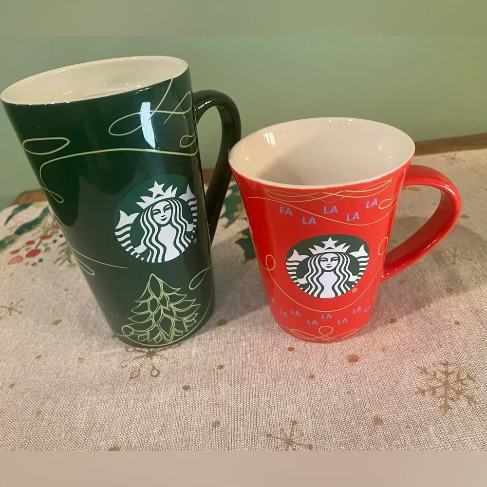 Starbucks 2020 Holiday Mug Set Fa La La Red 10oz & Green Tree 14oz Christmas